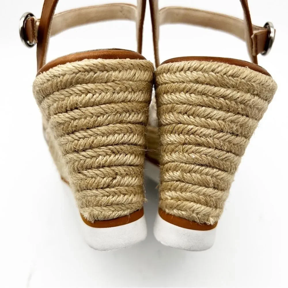 Vaneli Caila Tan Natural Canvas Silver Beaded Espadrille Wedge Boho Sandal 9.5